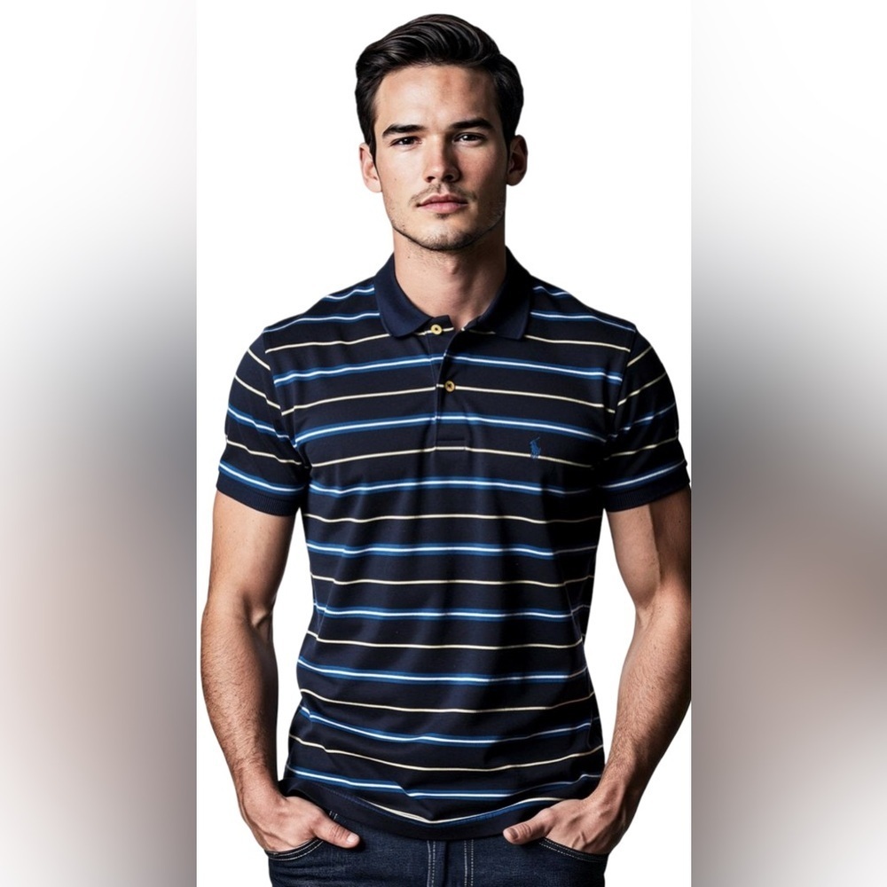 VCG- Large Polo Ralph Lauren Men's Blue and White Striped Polo Shirt.